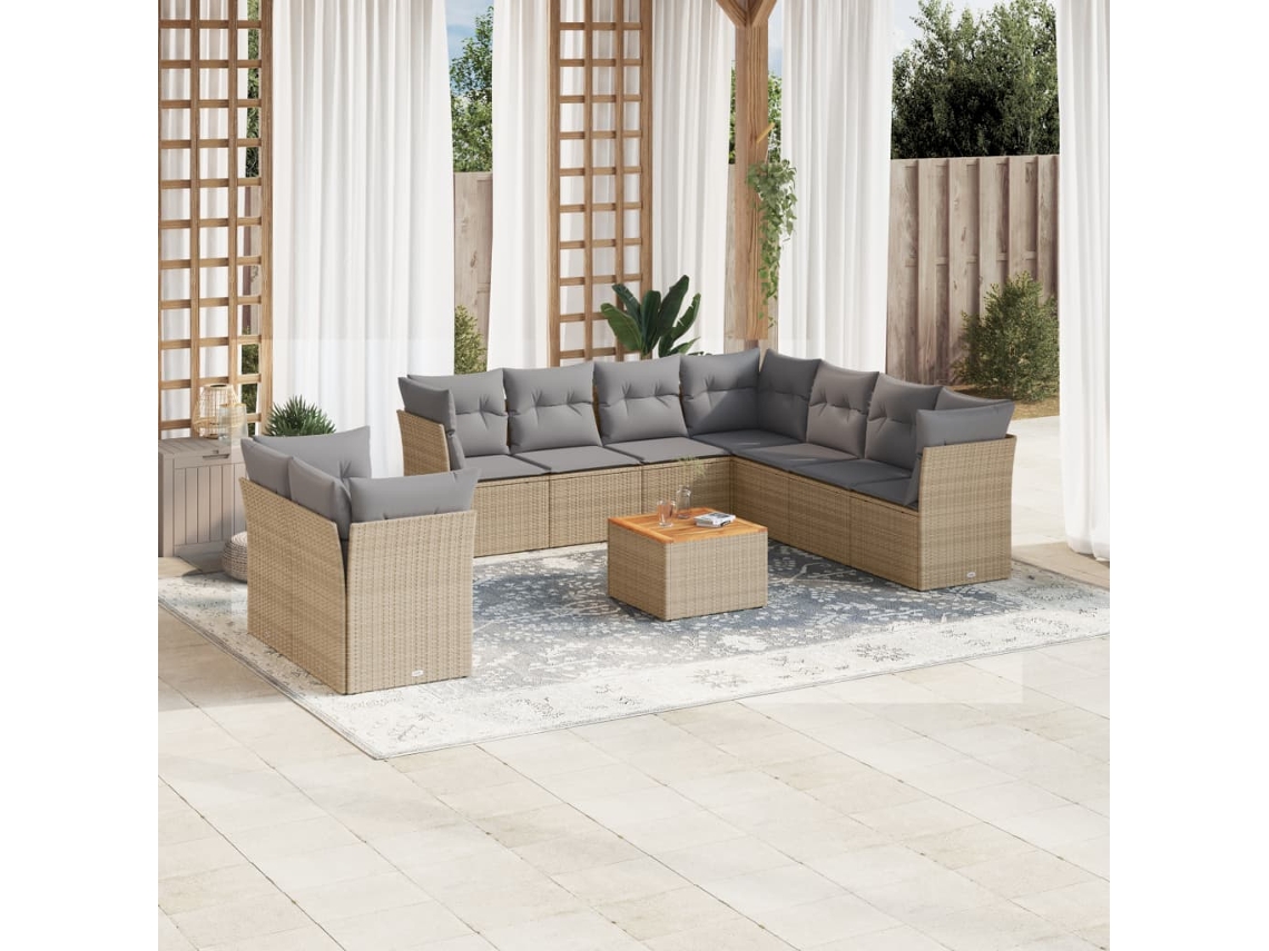 Vidaxl 10 Pcs Conjunto De Sofás P/ Jardim Com Almofadões Vime Pe Bege