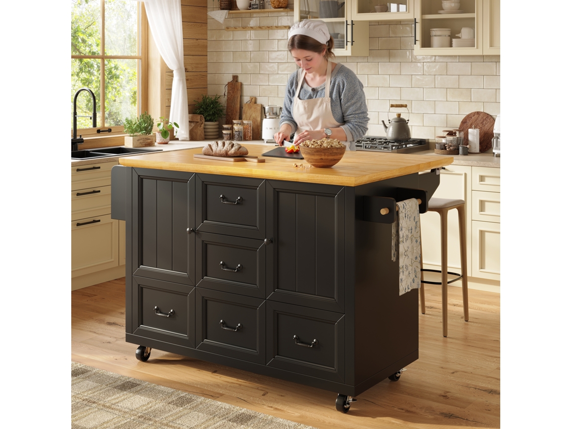 Ilha de Cozinha Carrinho com Rodas 120x73x93 Cm com Suporte para Toalhas e 5 Gavetas Preto MOBRIO (45)