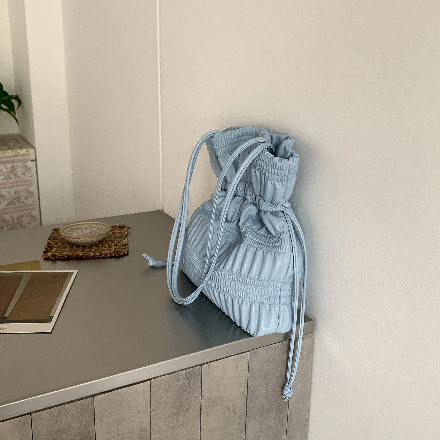 (azul) Bolsa De Ombro Feminina Moderna, Em Couro Pu, Estilo Saco Com Cordão