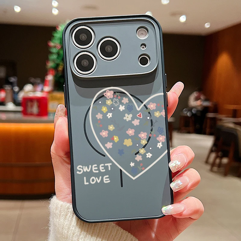Capa Magnética Rígida De Policarbonato Para Iphone 16 Pro Max Com Estampa De Corações (preta).