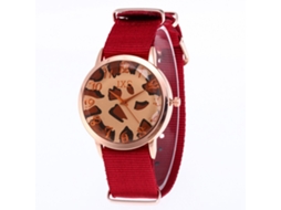 Relógio de pulso de quartzo unissex com pulseira de nylon, estilo casual redondo com estampa de leopardo (vermelho)