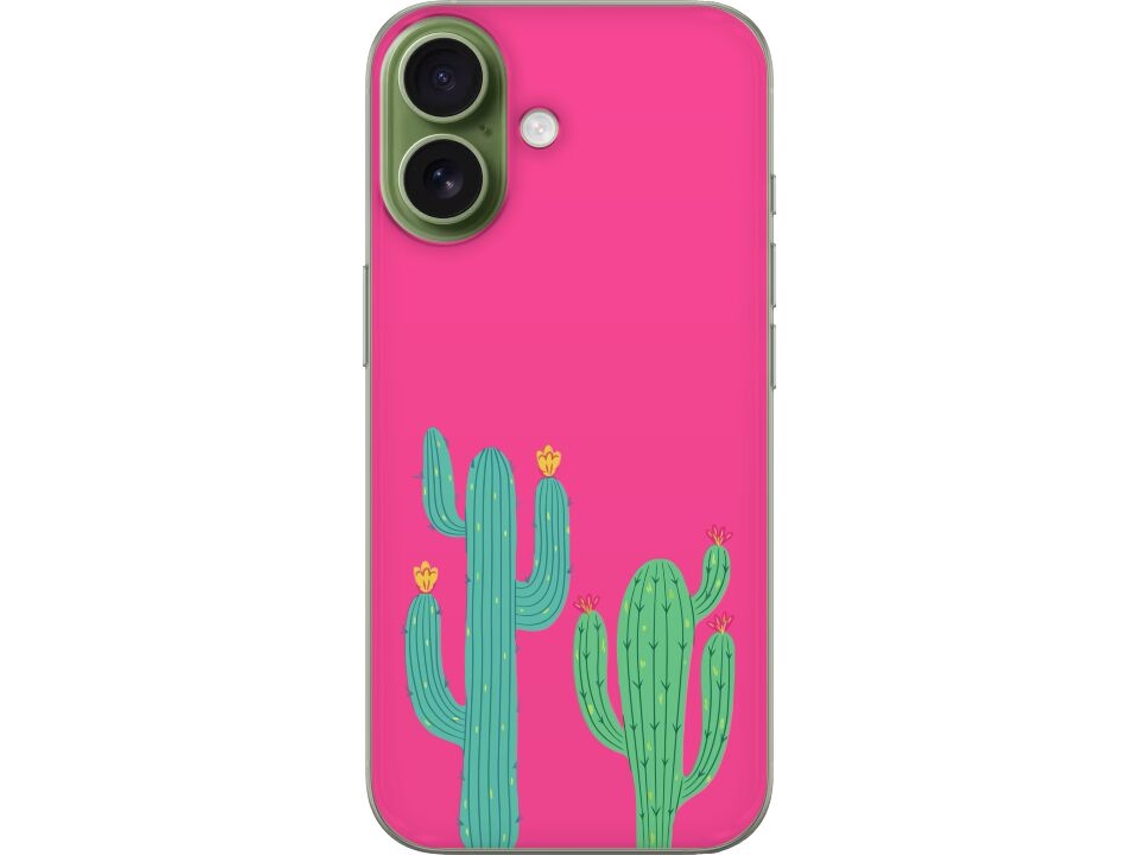 Capa Para Celular Compatível Com Apple Iphone 17. Cactos Coloridos Em Um Fundo Rosa Vibrante, Design Simples E Moderno Com Tema Da Natureza.