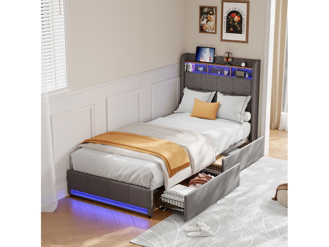 Cama Estofada Cinza 90×200cm Com Iluminação Led, Porta Usb E Tipo C E 4 Gavetas Embaixo Da Cama Prática E Confortável