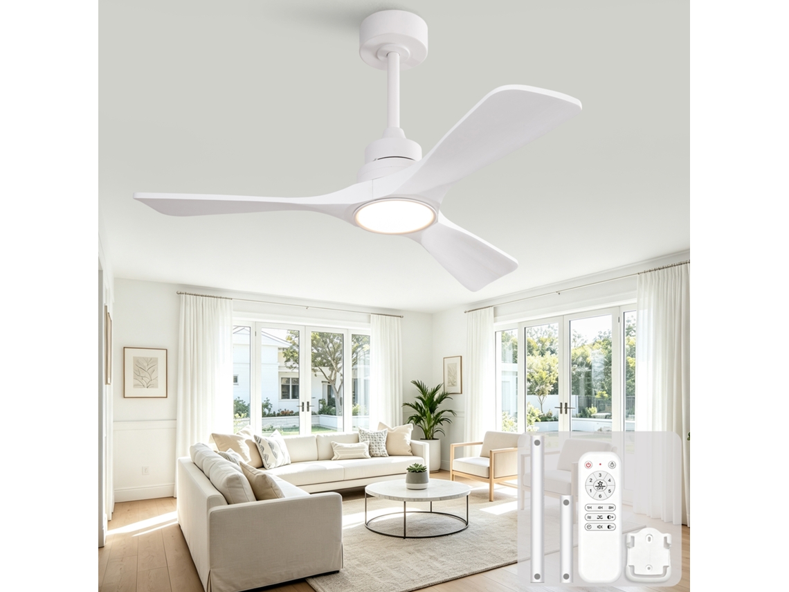 Ventilador De Teto Branco 42 Polegadas Com Três Pás De Madeira, Luz 3cct, Motor Dc Reversível E Controlo Remoto