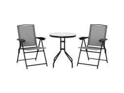 Conjunto de Jardim de 3 Peças, 2 Cadeiras Reclináveis Dobráveis Multi posição, Mesa Redonda, Vidro Temperado, Metal Cinza, Têxtil Ge
