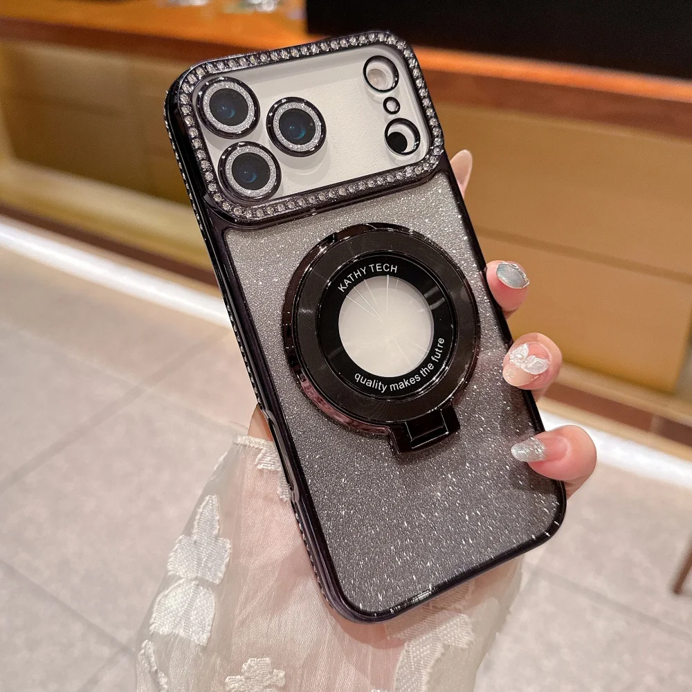 (preto, Iphone 15 Plus) Capa De Celular De Alta Qualidade Com Strass Brilhantes E Suporte Magnético Para Carregamento Sem Fio.