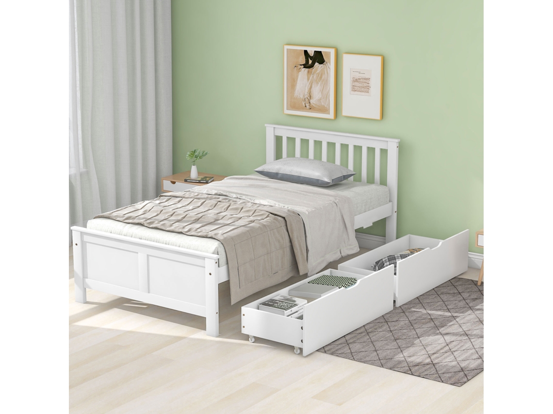 Cama De Madeira Maciça, Solteiro, Juvenil Ou Adulto, Com Gavetas, Estrutura Em Pinho, Branco (90x200cm)