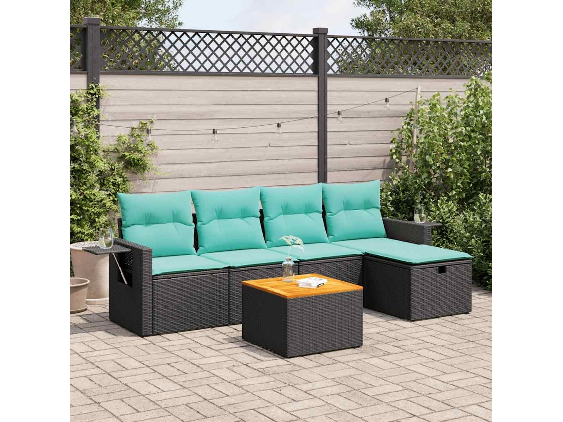 Vidaxl 6 Pcs Conjunto Sofás De Jardim C/ Almofadões Vime Pe Preto