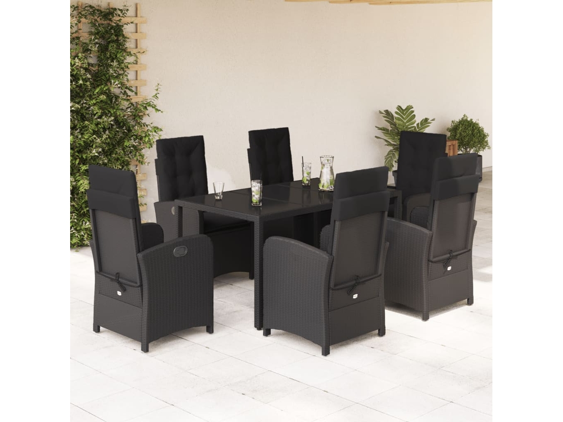 7 Pcs Conjunto De Jantar P/ Jardim C/ Almofadões Vime Pe Preto Dkd Home Decor