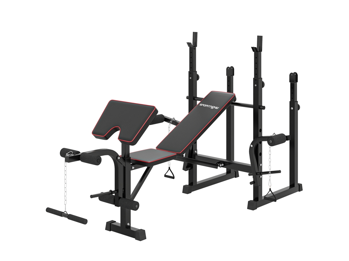 Banco De Musculação Dobrável Multifunções Com Suportes Para Barras E Encosto Ajustável Para Treino Completo De Corpo Preto