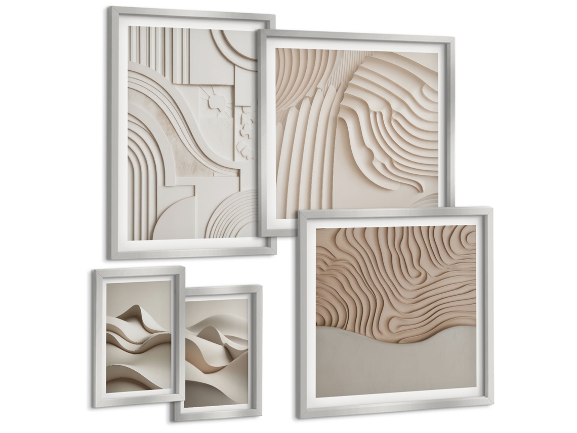 Conjunto De Pinturas Estruturas Abstratas Bege-branco Espelharte (5 Peças)