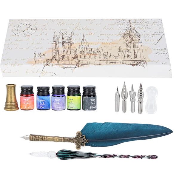 Conjunto de Caneta de Caligrafia Tinteiro de Vidro com Pontas Substituíveis em Estojo para Presente Sp118033 Azul Marinho AQUAFORGE