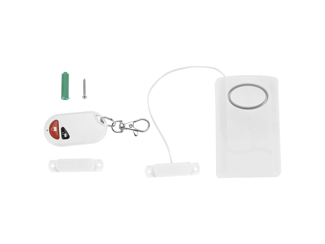 Sistema de segurança para portas e janelas com alarme de intrusão, sensor magnético e controle remoto.