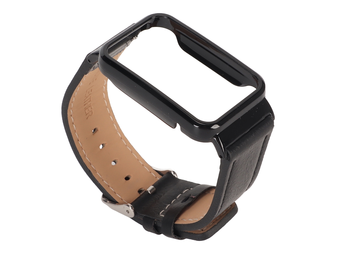 Pulseira de Couro Pu para Mi Band 7 Pro com Case de Aço Inoxidável Preto Resistente À Água