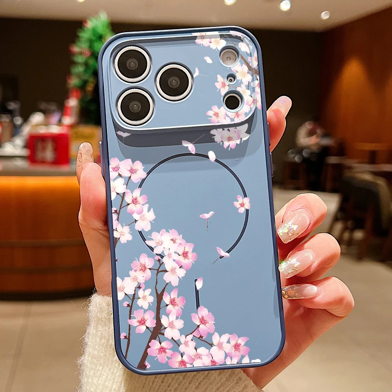 Capa Magnética Rígida Para Iphone 16 Com Estampa Floral Rosa (azul).