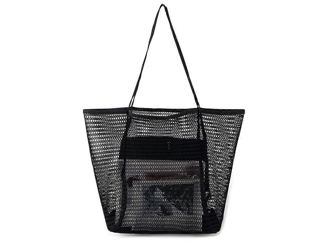 Bolsa de Praia Dobrável e Reutilizável em Tela com Bolso com Zíper, Tamanho Extra Grande, Ideal para Usar no Ombro Ou na Mão. Cor: Preta. GOKOCO