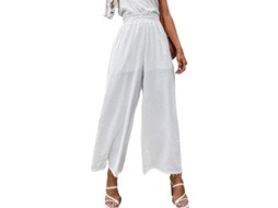 Calça feminina Rebe de cintura alta, estilo boho, pernas largas, em poliéster fluido, ideal para ocasiões casuais e praianas, tamanho XL, branca.