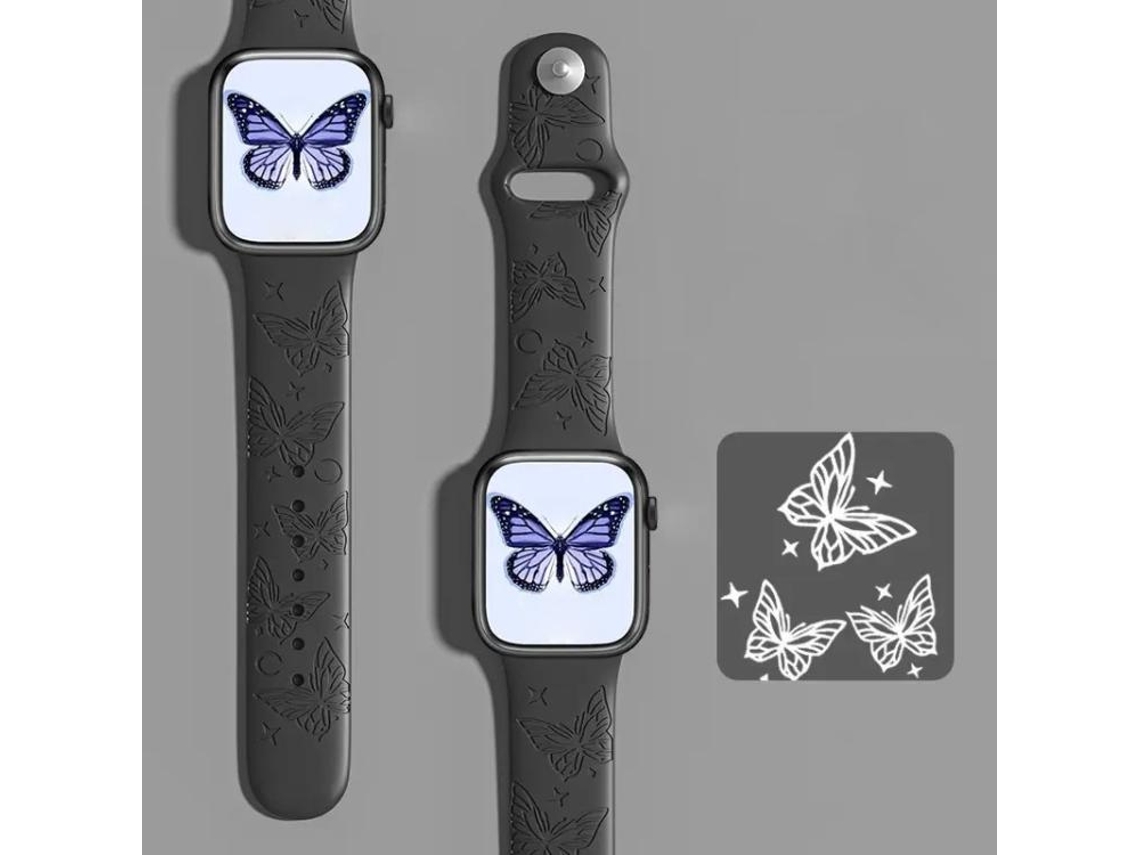 Bracelete para Apple Watch 42/41/40/38mm Silicone com Gravação a Laser 3d Preto Borboleta XIAOMOYU