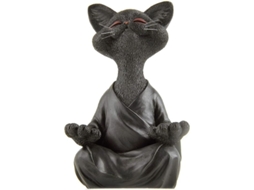 Figura De Gato Feliz Em Pose De Yoga De Meditação - Resina Pintada À Mão Preto