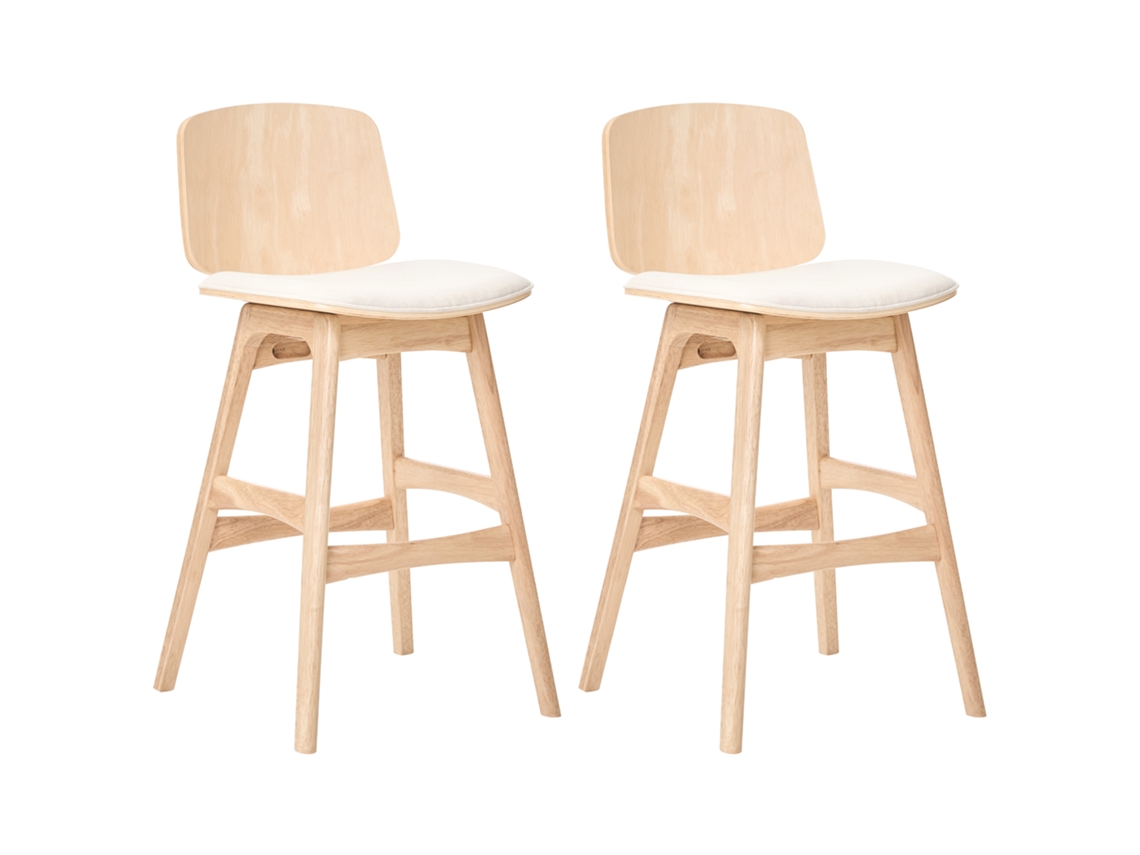 Conjunto De 2 Bancos De Bar Beliani Charleston De Madeira De Seringueira Castanho Claro/creme Claro 47x50x92