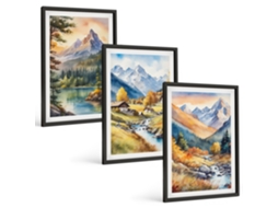 Conjunto De Pinturas Paisagem De Montanha Com Rio Moldura Preta Imagens Para Um Quarto Infantil Espelharte (3 Piezas De 40x60 Cm)