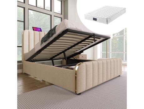 Cama Com Colchão Dupla E Cabeceira Estofada Acolchoada Dourada Usb Type-c Armazenamento Pangshiyaun Linho Bege (101x216x150cm)