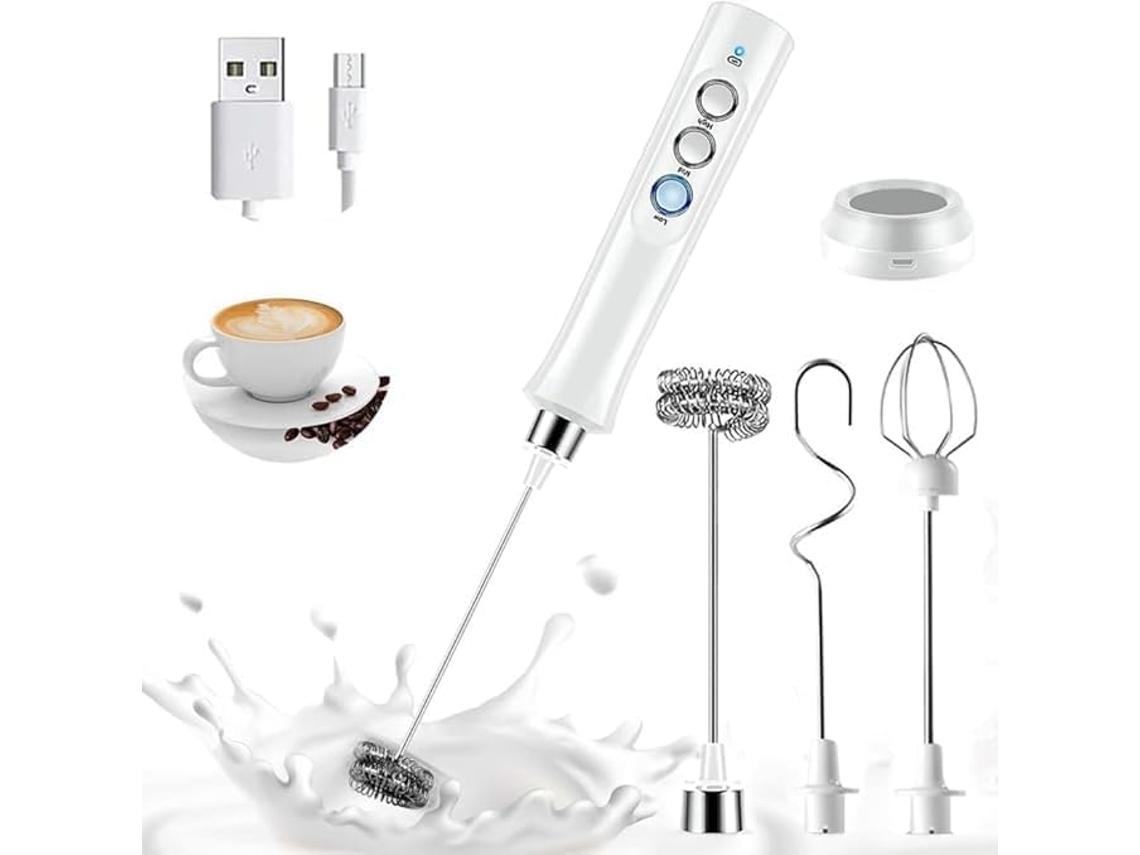 Espumador De Leite Portátil Recarregável - 3 Bicos Intercambiáveis ​​para Cappuccino, Smoothies E Chocolate Quente.