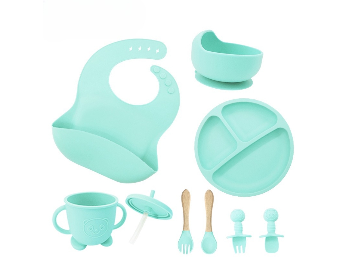 Conjunto de Utensílios em Silicone para Alimentação Infantil, com Ventosas na Base, 8 Peças Verde PANOONA