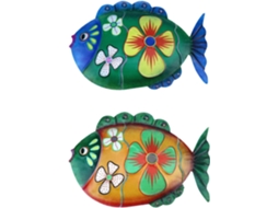 Conjunto 2 Enfeites Parede Forma Peixe Feitos Ferro Pintado Ornamentos Coloridos Quarto Jardim Texturizada GOKOCO