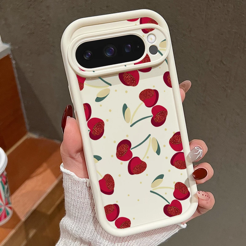 (branco-creme) Capa Macia E Fofa Com Estampa De Cereja Para Google Pixel 10 Pro Xl, Resistente A Impactos.