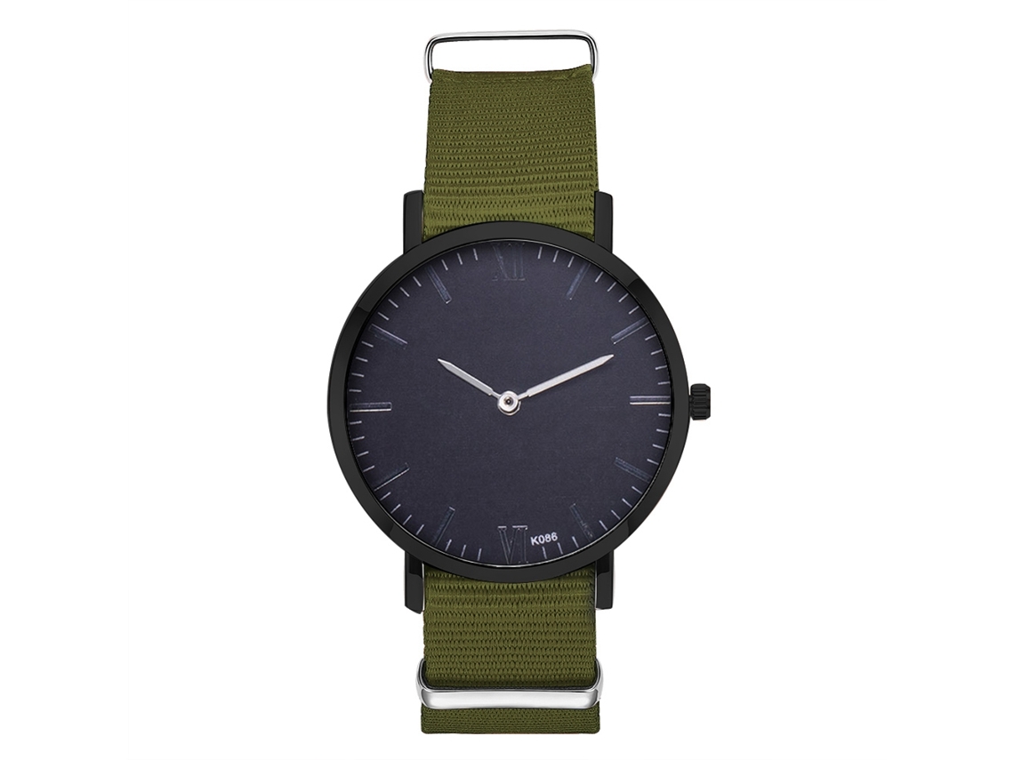 Relógio de casal moderno com pulseira de nylon, mostrador redondo e movimento de quartzo (verde militar)