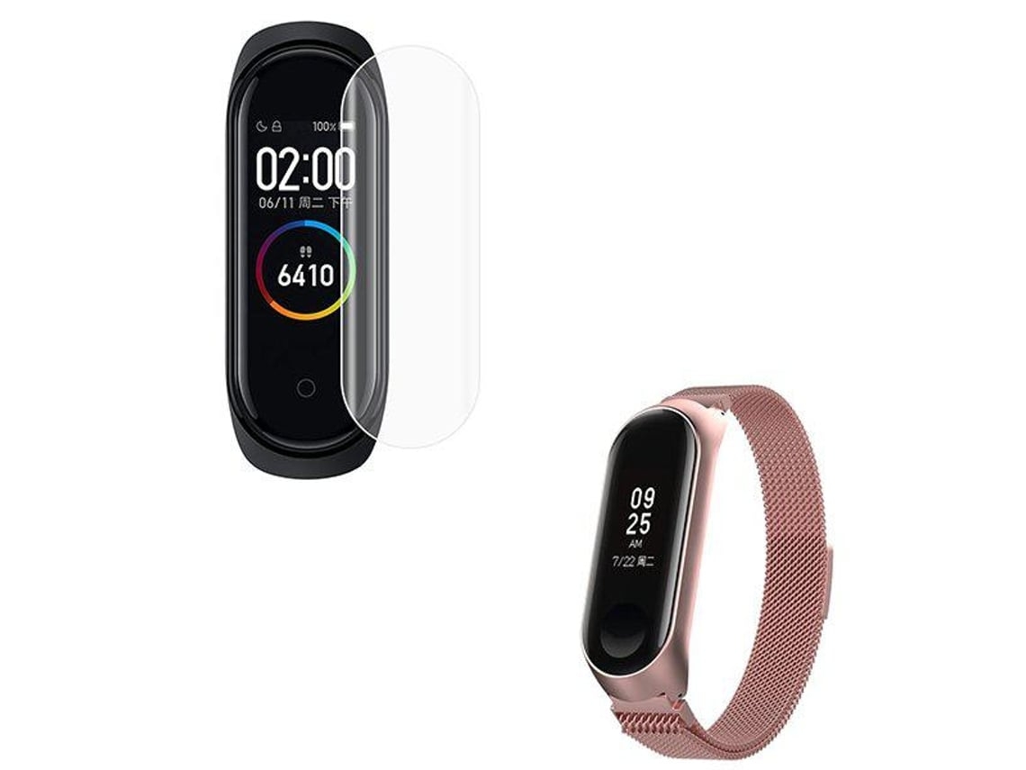 Kit Pulseira Bracelete Milanese Loop Fecho Magnético Película Protectora Ecrã Gel Full Cover Xiaomi Mi Band 5 Rosa