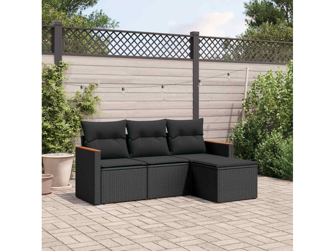 Vidaxl 4 Pcs Conjunto De Sofás Para Jardim C/ Almofadões Vime Pe Preto