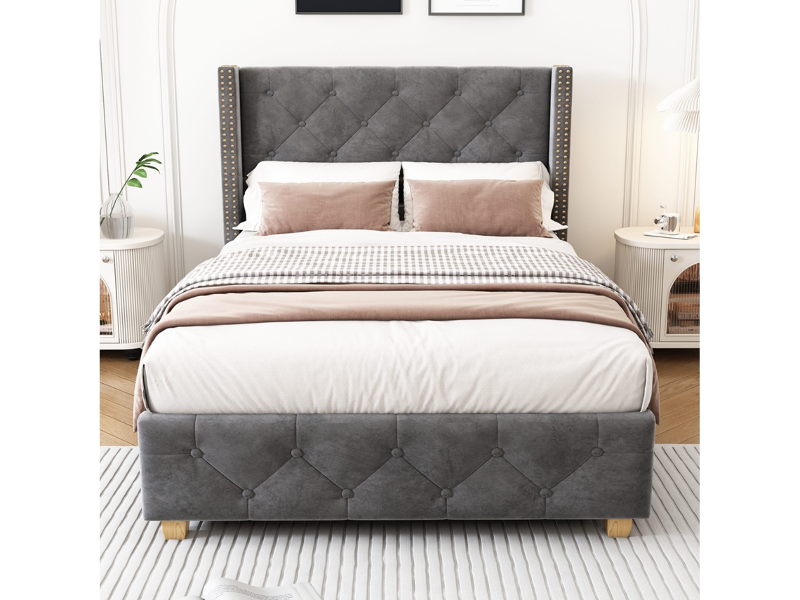 Cama Polster 90200 Cm Cabeceira Com Botões, Rebites, Pés Em Madeira, Estrado De Ripas Cinzento Mobrio