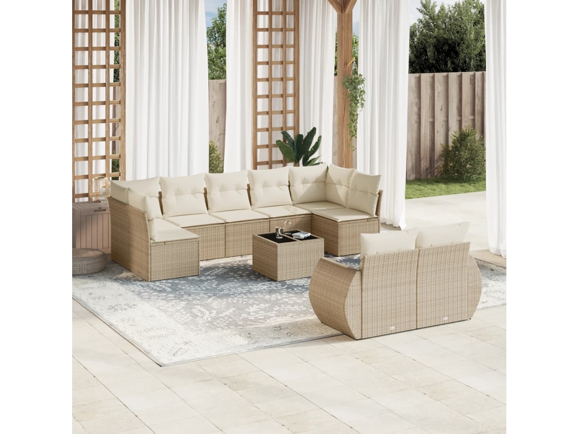 Vidaxl 10 Pcs Conjunto De Sofás P/ Jardim Com Almofadões Vime Pe Bege