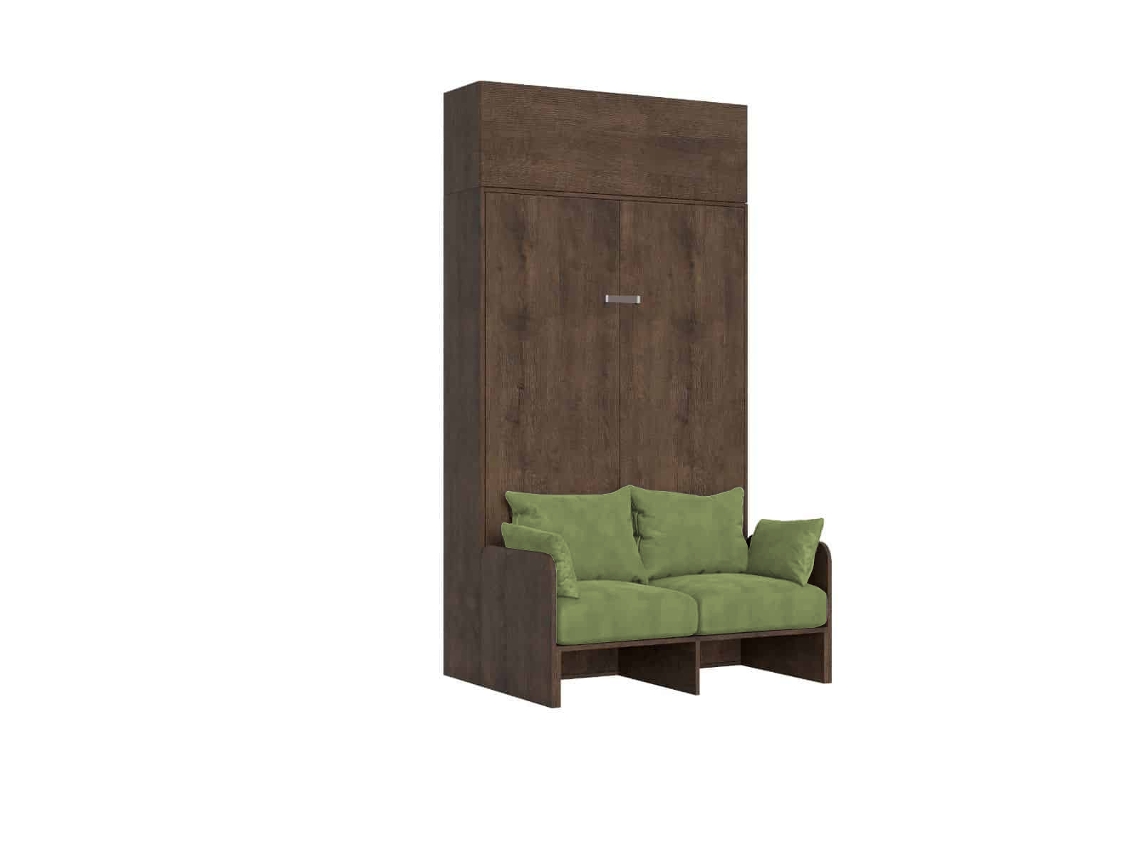 Cama De Casal Dobrável Francesa Kentaro De 140 Cm Com Sofá E Armário De Parede Em Nogueira, Verde