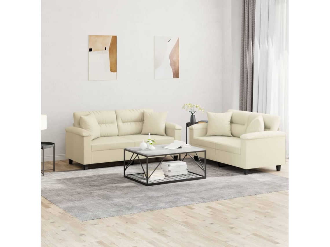 Vidaxl 2 Pcs Conjunto De Sofás Com Almofadas Couro Artificial Creme