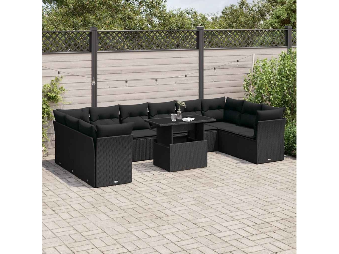 11 Pcs Conjunto Sofás De Jardim C/ Almofadões Vime Pe Preto Dkd Home Decor
