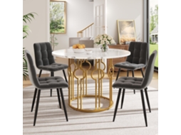 Conjunto Jantar 5pç, Mesa Redonda 100cm Mármore + 4 Cadeiras Veludo Cinza, Pernas Pretas.-qq
