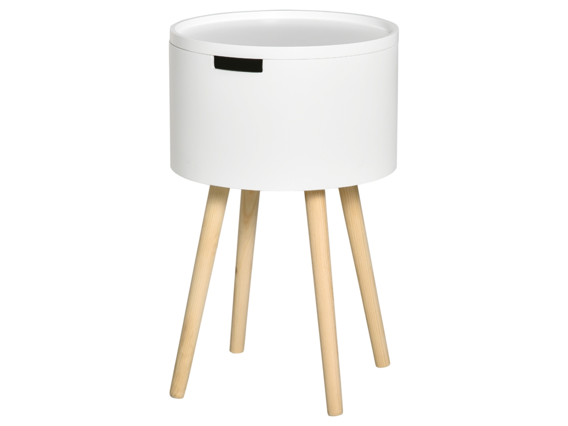 Mesa de Apoio com Tampa Removível, Espaço de Armazenamento, Pés de Madeira, Ø38x63 Cm, Branco ORBITRA COMMERCE