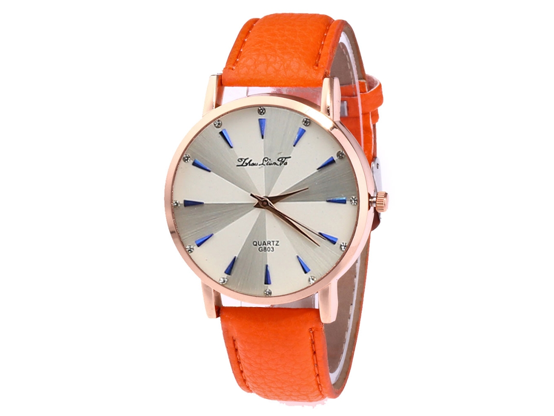 Relógio de quartzo casual unissex com pulseira de couro PU laranja.