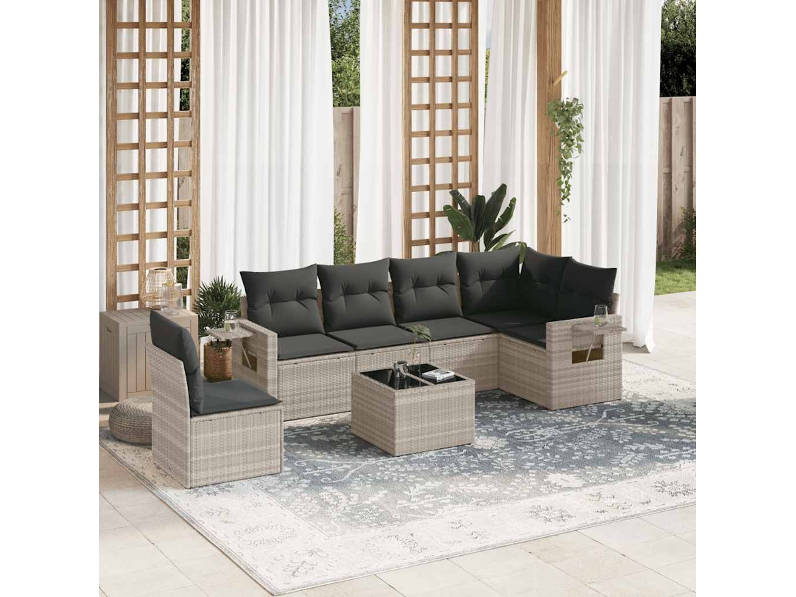 Vidaxl 7 Pcs Conj. Sofás Jardim Com Almofadões Vime Pe Cinzento-claro