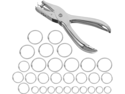 Argolas metálicas reforçadas para folhas soltas, com sistema de perfuração circular, ideais para mesas, material escolar e outros fins.