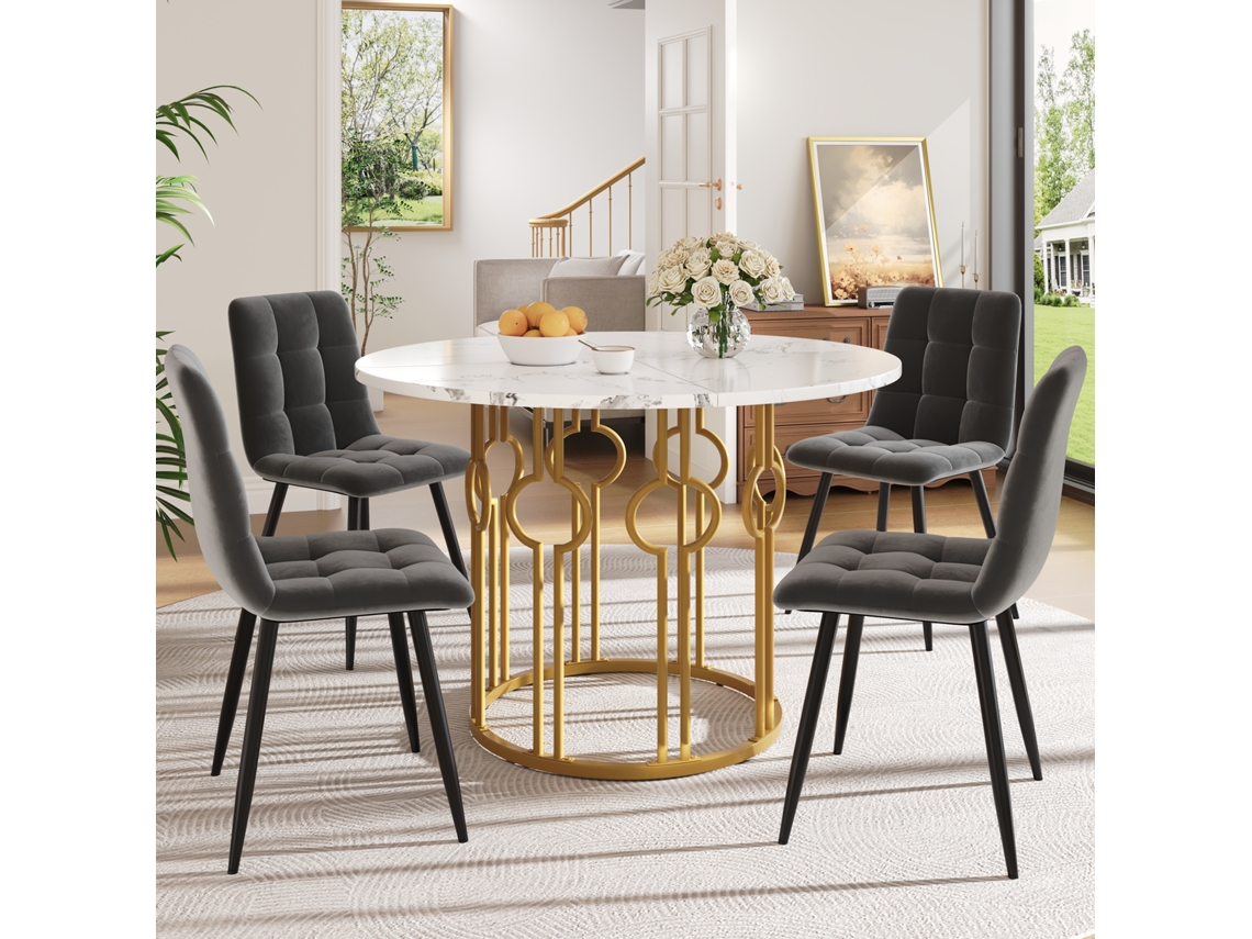 Conjunto Jantar 5pç, Mesa Redonda 100cm Mármore + 4 Cadeiras Veludo Cinza, Pernas Pretas.-qq