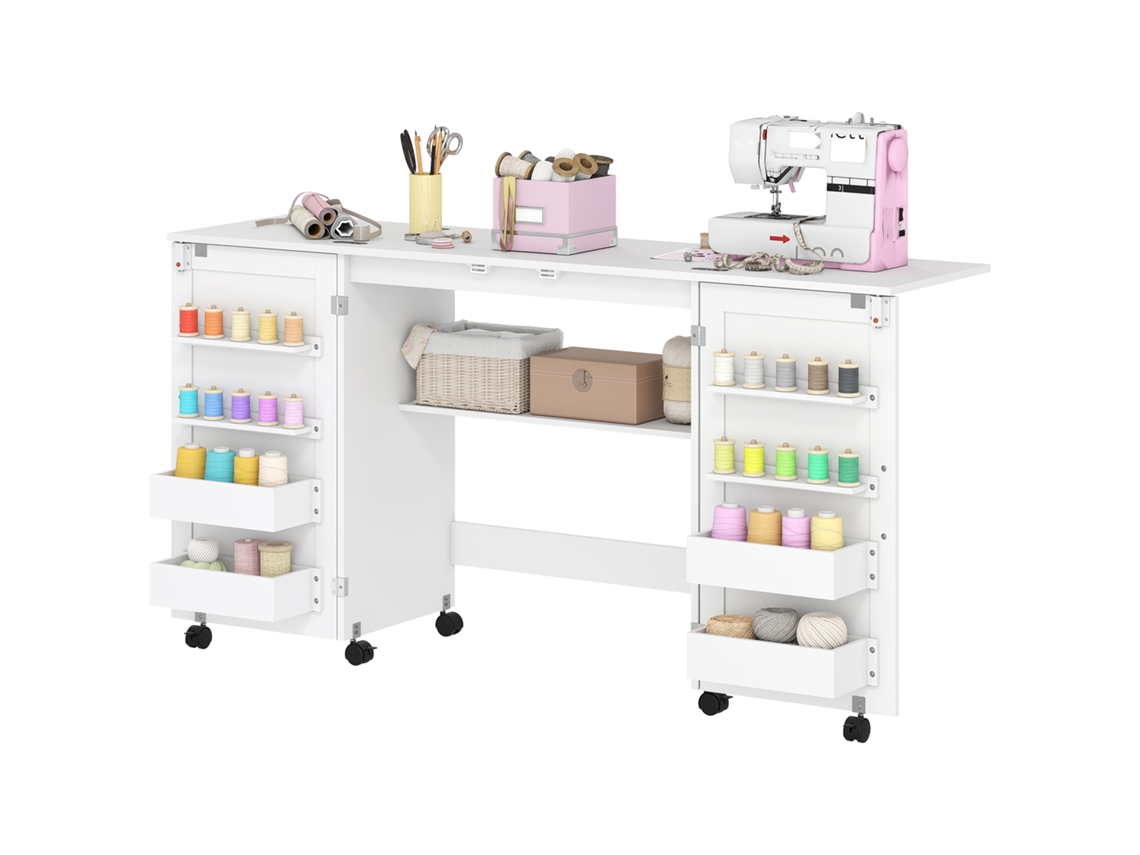 Mesa De Costura Dobrável Com 6 Rodas Móvel Para Máquina De Com 20 Pinos Para Fios 4 Compartimentos 160x40x81,5 Cm Branco