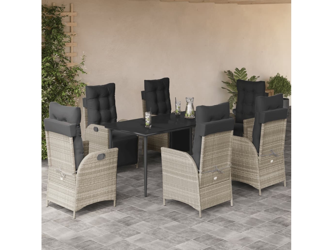 7 Pcs Conj. Jantar P/ Jardim C/ Almofadões Vime Pe Cinza Claro Dkd Home Decor