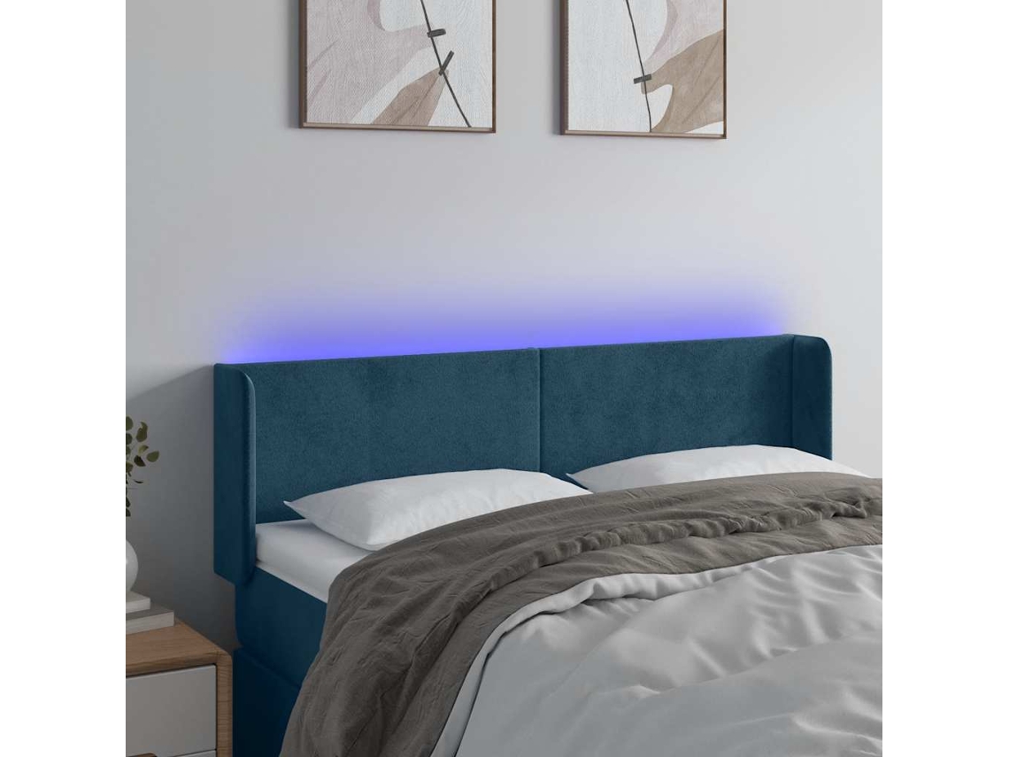 Vidaxl Cabeceira Cama C/ Luzes Led Veludo 147x16x78/88 Cm Azul-escuro