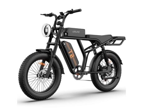 Bicicleta elétrica todo-terreno T2 com pneus largos de 4 polegadas, bateria removível de 48 V 15,6 Ah, 7 velocidades e bagageiro traseiro Urlife.