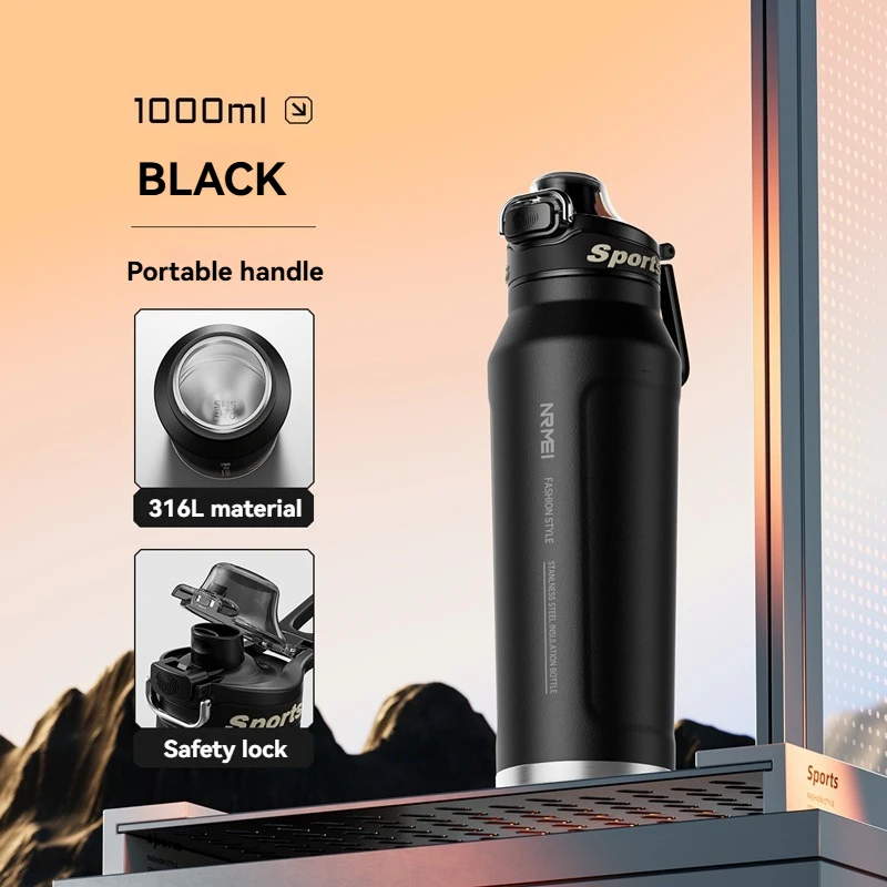 (preto, 1l) Garrafa Térmica De Aço Inoxidável, Quente E Frio, Com Alça, Adequado Para Ciclismo, Fitness E Outros Esportes