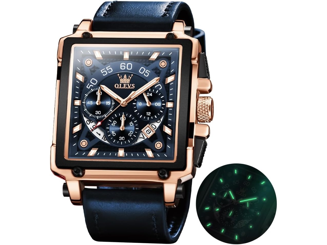 Lurelia Relógio Digital Masculino, Movimento De Quartzo, Cronógrafo, Data/calendário, 12/24h, Luminoso, Couro, Pele, Resistente À Água, Azul, Dourado